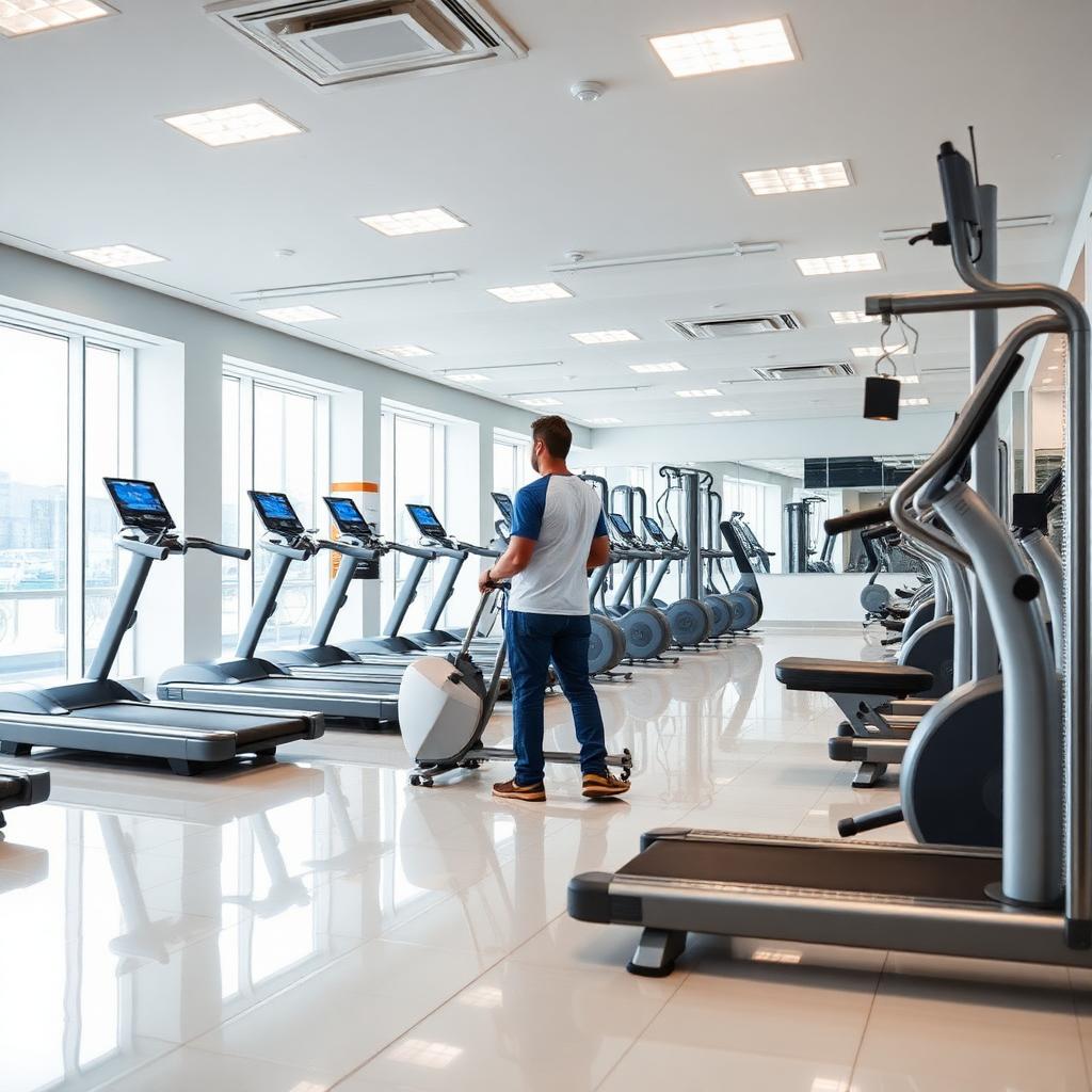 Professional cleaner sanitizing gym equipment in Queens, NY fitness center